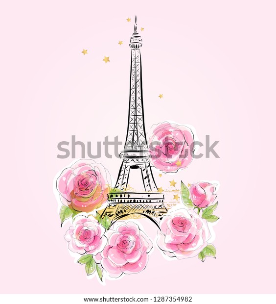 ピンクの背景にエッフェル塔とバラの花の手描きのベクターイラスト フランス パリのロマンチックなアートデザイン ファッションプリント のベクター画像素材 ロイヤリティフリー