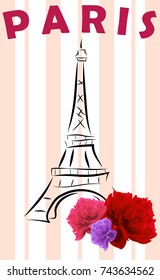 Eiffel Tower on Pink Stripes with Peonies in Paris city 