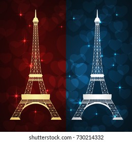 Eiffel tower on red and blue background with hearts. Vector illustration.