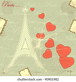 Eiffel tower on retro background with hearts and word Paris