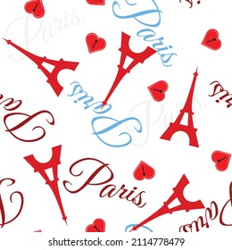 Eiffel tower on white background. Seamless pattern with Eiffel tower and word Paris. For textile, wrapping paper, packaging.