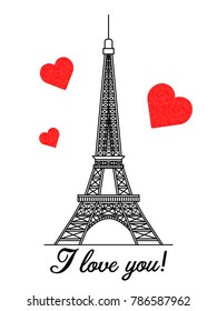 Eiffel tower on a white background with red hearts and the message I love you.