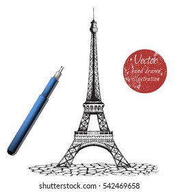 eiffel tower on white background.Handcrafted by ink.Stock vector