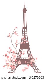 Eiffel Tower Outline Among Pink Flowers - Spring Season In Paris