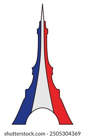 Eiffel Tower painted in the colors of the French flag. Paris landmark. Colored vector illustration. Isolated white background. Cartoon style. Metal construction with a spire at the end. 