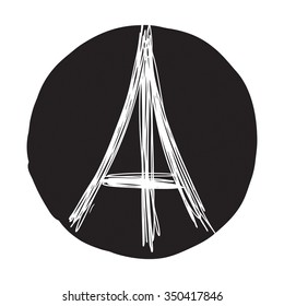 Eiffel Tower in painted ink circle shape background, France, Paris, symbol, logo or pin. Design for print.