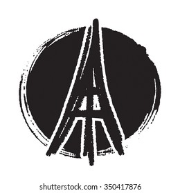 Eiffel Tower in painted ink circle shape background, France, Paris, symbol, logo or pin. Design for print.