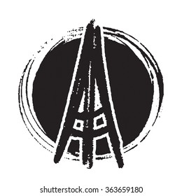 Eiffel Tower in painted ink circle shape background, France, Paris, symbol, logo or pin. Design for print.