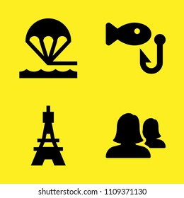 eiffel tower, parachute, user and fishing vector icon set. Sample icons set for web and graphic design