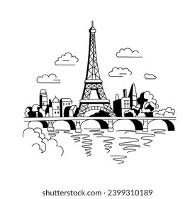 La Torre Eiffel en París, con el telón de fondo de las casas. Lugar emblemático de París. Ilustración en estilo doodle sobre fondo blanco