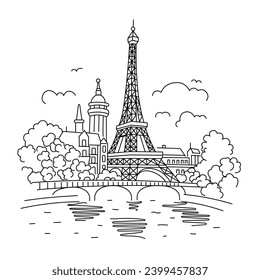 The Eiffel Tower in Paris against the backdrop of houses. Landmark of Paris. Illustration in linear style on white background