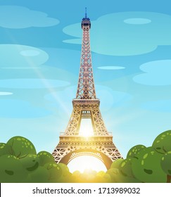 Eiffel Tower in Paris against the blue sky. The sun on the Champs Elysees. Daytime Paris. The daytime sun at the Eiffel Tower. Vector illustration