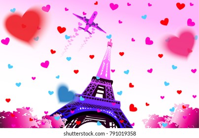 Eiffel tower in Paris background. Flat style. Valentines day vector illustration.