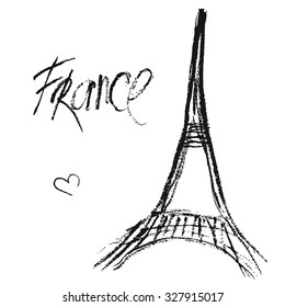 Eiffel tower in Paris and Calligraphy lettering. Hand drawn sketch illustration isolated on white background