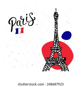 Eiffel Tower, Paris card design with a hand-drawn doodle sketch of the tower and national flag on an abstract speckled white background with copyspace