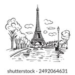 The Eiffel Tower in Paris with the city in the background. Landmark of Paris. Vector linear illustration. Doodle style