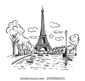 Der Eiffelturm in Paris mit der Stadt im Hintergrund. Wahrzeichen von Paris. Lineare Darstellung der Vektorgrafik. Kritzelei