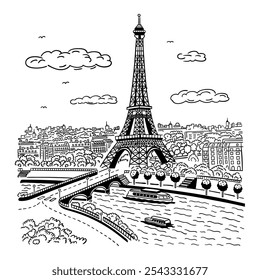 Torre Eiffel em Paris com a cidade em segundo plano vista superior. Marco de Paris. Ilustração linear de vetor. Estilo Doodle