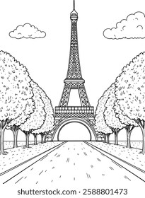 The Eiffel Tower in Paris with the city in the background. Landmark of Paris. Vector linear illustration. Doodle style