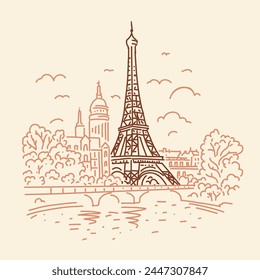 Eiffel Tower in Paris, city panorama. Vector line illustration