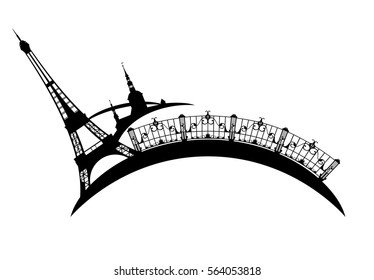 eiffel tower and Paris city sights black and white vector design.