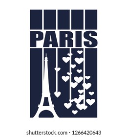 Eiffel tower in Paris. Contour silhouette striped backdrop with hearts icons