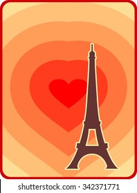 Eiffel tower in Paris. Contour silhouette on orange gradient radiant background. Heart icon as radio waves radiant on backdrop