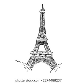 Eiffel Tower in Paris. Drawing with black lines, marker, line art. Vector illustration