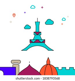 Eiffel Tower, Paris filled line vector icon, simple illustration, world landmarks related bottom border.