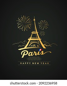 Eiffel Tower of Paris with firework gold design, happy new year concept design on night background, vector illustration