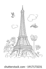 Eiffel Tower In Paris. In Flowers. Linear Drawing. Vector Line Illustration