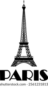 Eiffel Tower in Paris with font "Paris". Landmark of Paris. Vector linear illustration silhouette