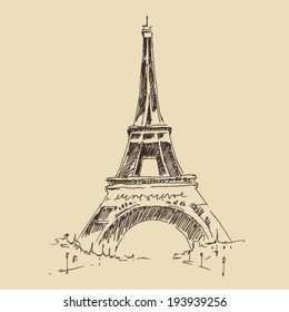 Eiffel Tower, Paris France architecture, vintage engraved illustration, hand drawn