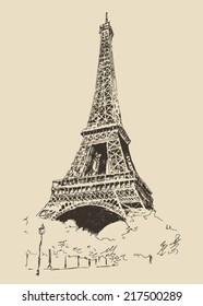 Eiffel Tower, Paris France architecture, vintage engraved illustration, hand drawn