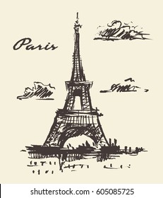Eiffel Tower, Paris, France architecture, vintage illustration, hand drawn