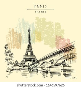 Eiffel Tower in Paris, France. Bridge and water. Hand drawing in retro style. Travel sketch. Vintage hand drawn touristic postcard, poster or book illustration in vector