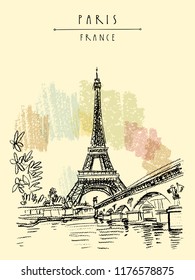 Eiffel Tower in Paris, France. Bridge and water. Hand drawing in retro style. Travel sketch. Vintage hand drawn touristic postcard, poster or book illustration in vector