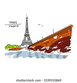 Eiffel Tower in Paris, France. Bridge and water. Hand drawing in retro style. Travel sketch. Hand drawn  postcard, poster or illustration in vector