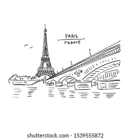 Eiffel Tower in Paris, France. Bridge and water. Hand drawing in retro style. Travel sketch. Hand drawn  postcard, poster or illustration in vector