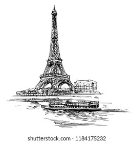  Eiffelturm.Paris, Frankreich. Handgezeichnete Illustration.