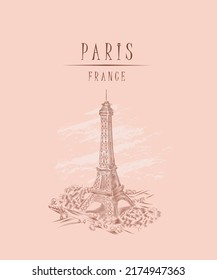 Eiffel Tower in Paris, France. Hand drawing in retro style. 