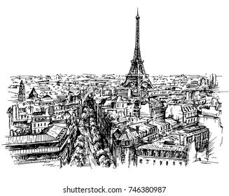 Eiffel tower, Paris, France. Hand drawn vector illustration.