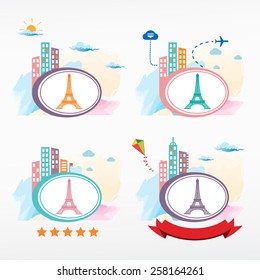 Eiffel Tower in Paris, France icon city background. Cityscape color illustration set.  