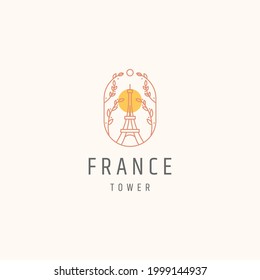 Eiffel tower paris france landmark with bloom flower line style logo icon design template vector