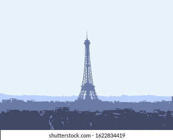 Eiffel Tower in Paris, France, Layers of cityscape skyline, Hand drawn vector illustration