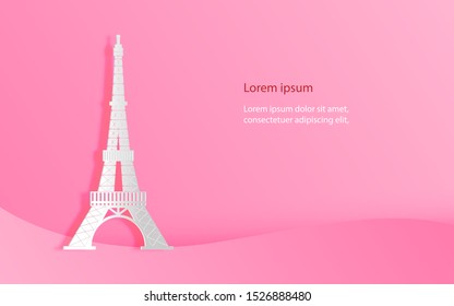 eiffel tower paris france in paper art style design on pink background vector illustration 