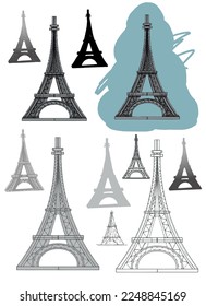 Eiffel Tower Paris France separate elements in different styles separately on a white background. Architecture sketch line drawing. hand drawn