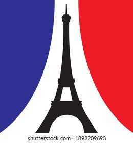 Eiffel tower, Paris. France. Silhouette of Eiffel Tower in front of tricolor french flag curtains. Illustration.