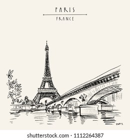 Eiffel Tower in Paris, France. Symbol of France, French icon. Bridge and water. Hand drawing in retro style. Travel sketch. Vintage hand drawn touristic postcard, poster or book illustration in vector