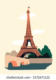 Eiffel Tower. Paris, France. Vector illustration. Cartoon. Vintage travel landmark